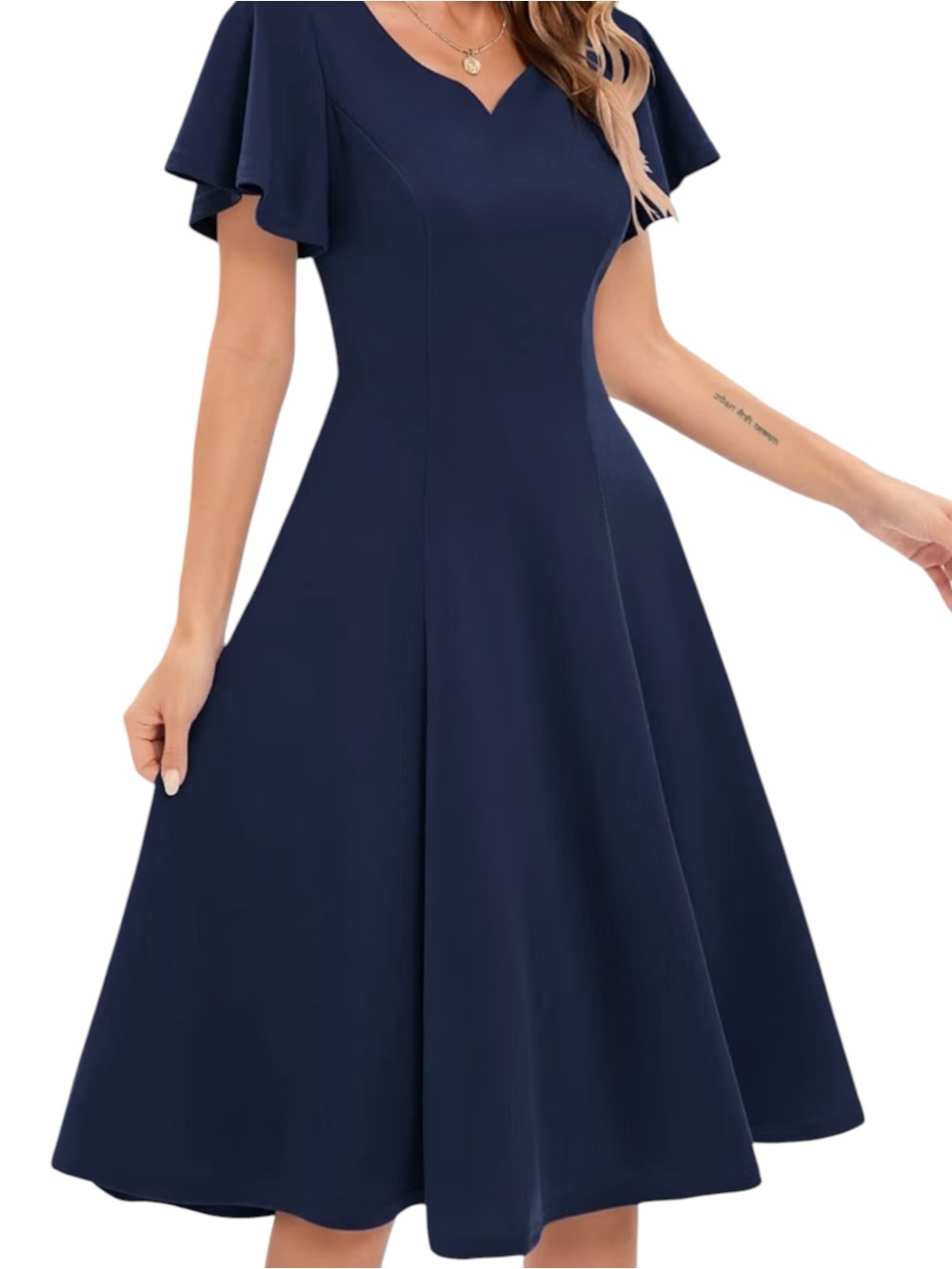 Fit and Flare V Neck Dress Size Small Navy Blue Flutter Sleeves A Line Skirt
